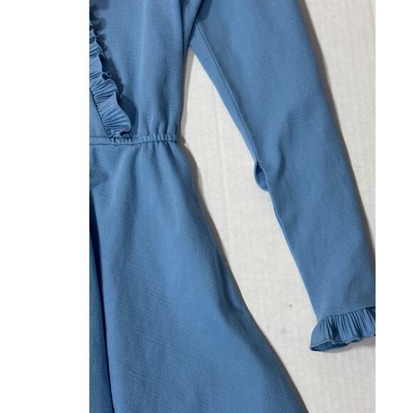 Vintage 70s Blue Retro Secretary Ruffle Dress Small Modest Midi Cottagecore - Picture 6 of 9